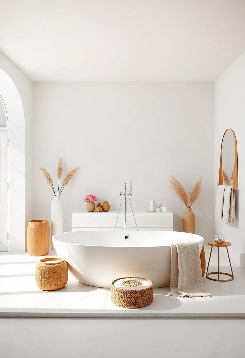 Luxe Whites:⁣ A lavish all-white ‌bathroom ‍design, ⁢where a pristine freestanding tub offers a peaceful⁣ refuge, enhanced by ⁤soft‍ lighting and plush fabrics