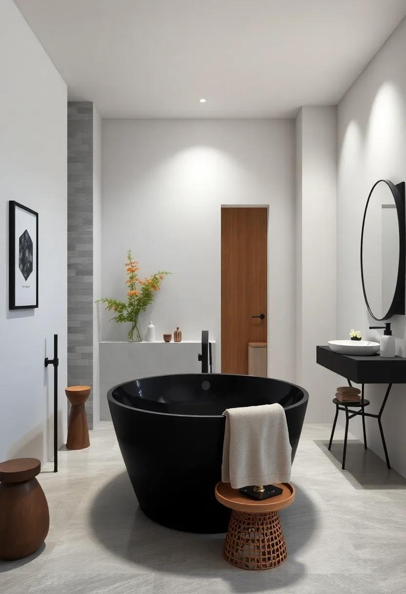 Monochrome Magic: A ‍bold⁤ monochromatic bathroom ⁤where a striking ⁢black tub takes center stage, balancing elegance and contemporary style‌ with matching decor