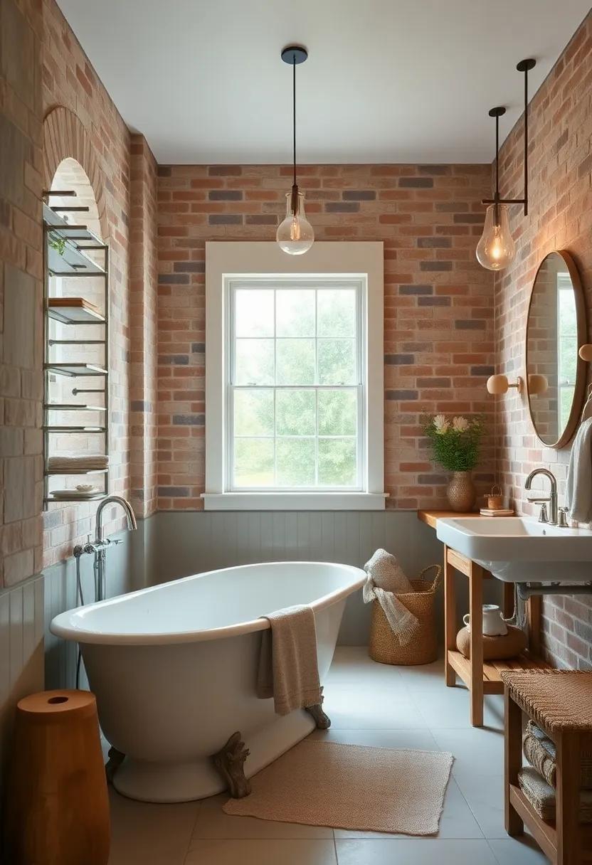 Rustic Charm: A charming farmhouse bathroom with a vintage clawfoot‍ tub,complemented by exposed brick walls and⁣ reclaimed wood furnishings for a cozy retreat
