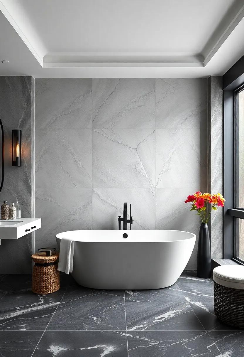 Sophisticated Black and ‍White: A timeless black and white bathroom that combines a ⁤sleek freestanding tub ⁣with contrasting patterns ⁤to create a dramatic yet elegant space