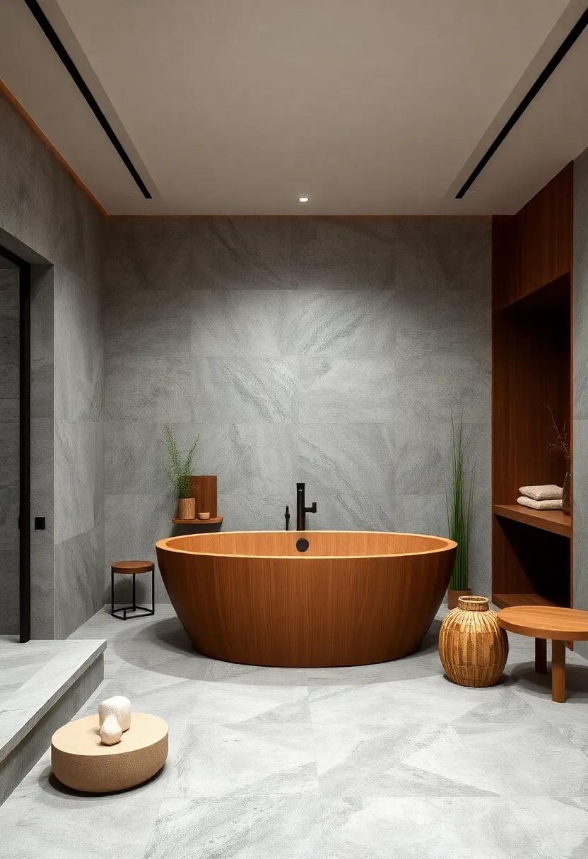 zen ‍Serenity: ​A Japanese-inspired bathroom ‌boasting a ​wooden soaking tub, bamboo ​accents,​ and natural stone elements to⁢ promote relaxation and mindfulness