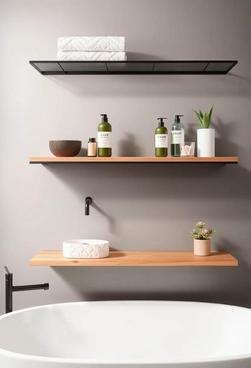 Minimalist Metal‌ Magic:⁢ Sleek, industrial-style metal shelves provide a contemporary‍ edge while ‌showcasing your favorite bath‍ products and‌ decor