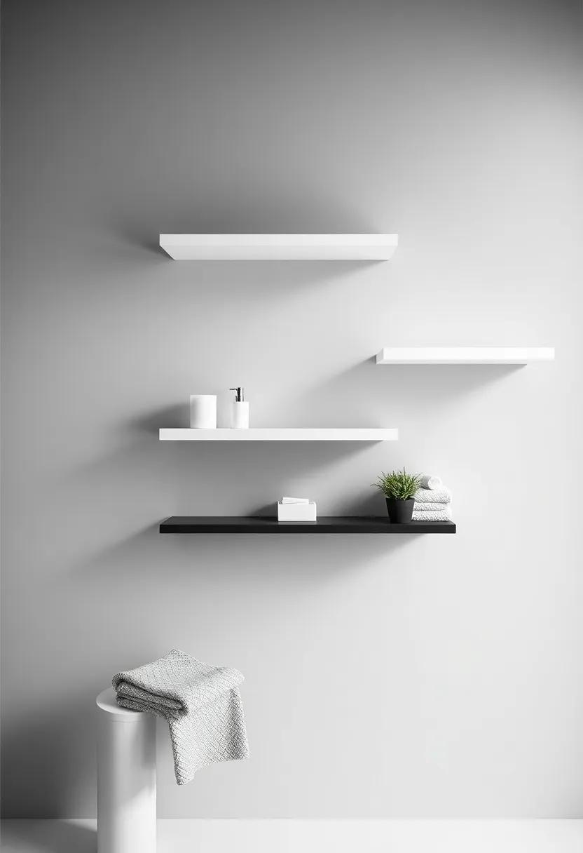 Monochrome Magic: Stick to ‌a black-and-white palette​ with minimalist shelves ‍that create a chic and⁢ modern focal point ‍in your bathroom