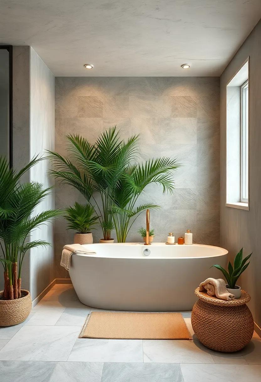 Add a Bathtub Beach: Transform your tub area into a beachy escape with potted palm plants and sandy-colored decor to evoke relaxation