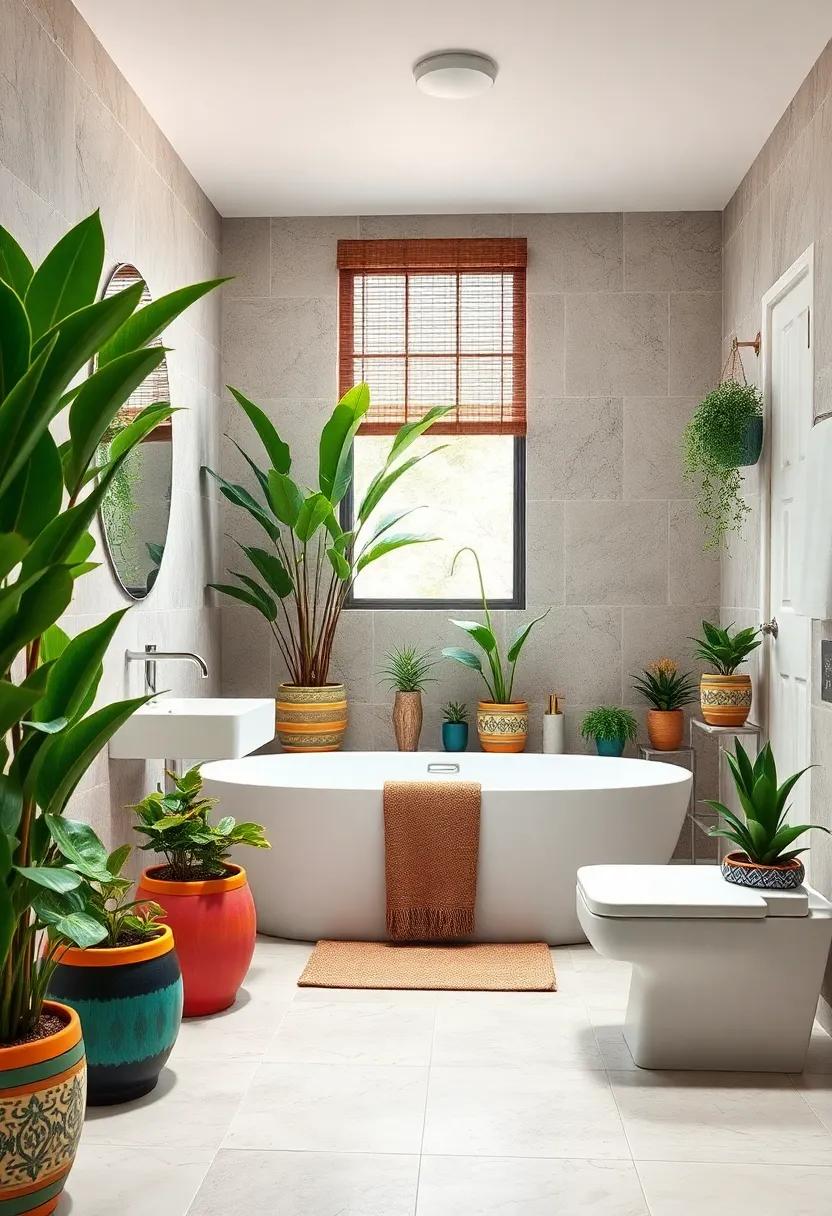 Add Colorful Pottery: Use vibrant, patterned pots and planters to bring a burst of color to your bathroom while showcasing your green beauties