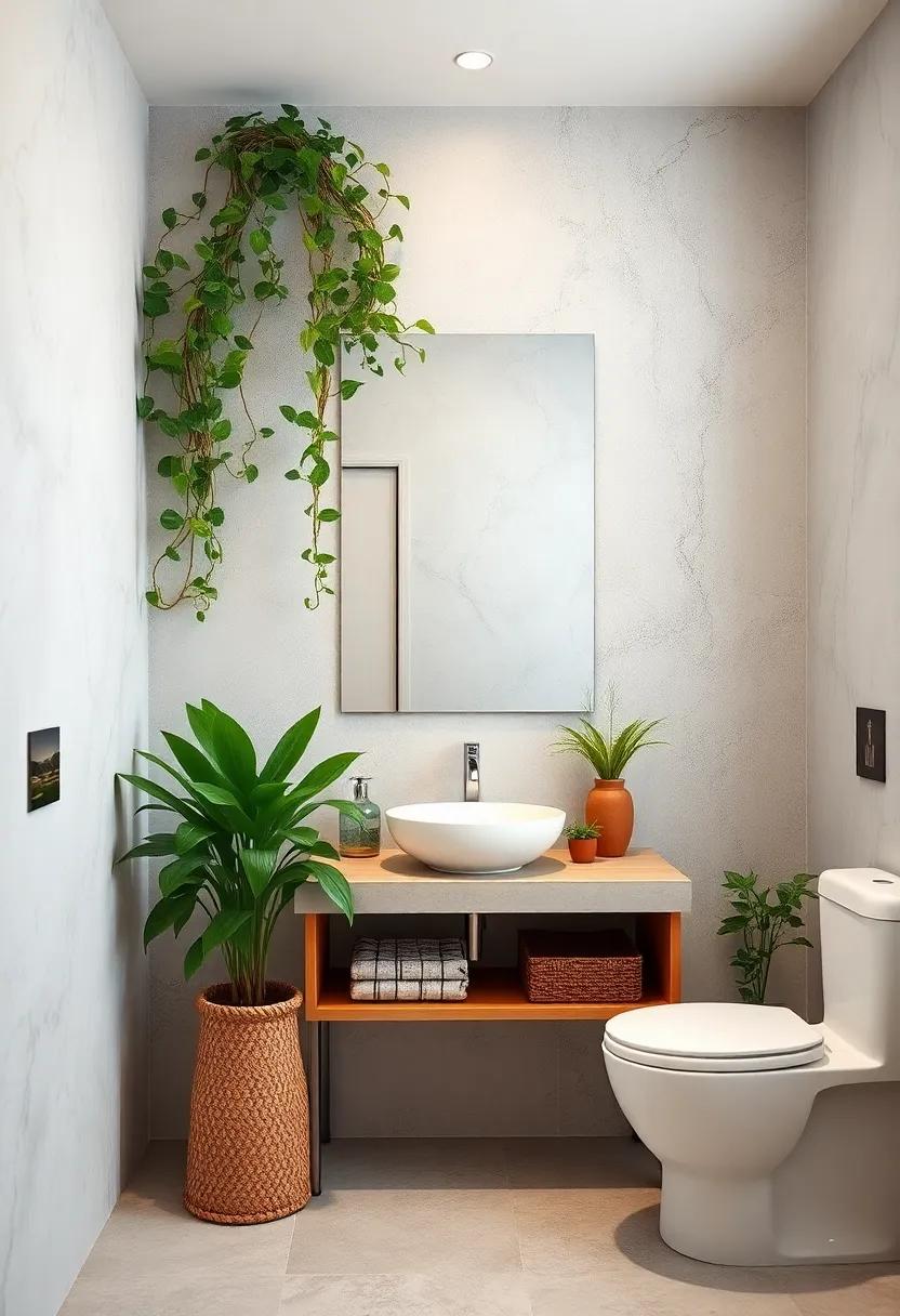 Combine Plants and mirrors: Frame your bathroom mirror with vines or climbing plants to enhance reflection and create a sense of depth and luxury