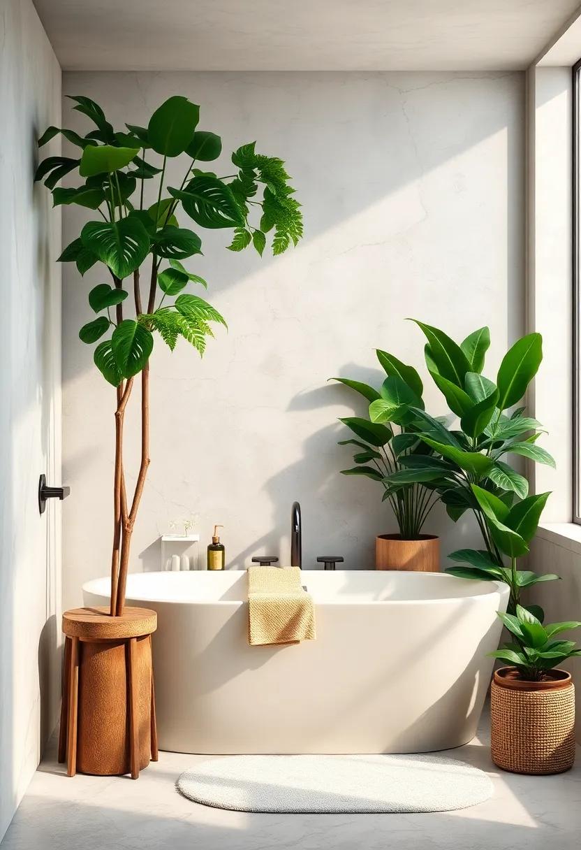 Fill a Corner with Foliage: Embrace the corners of your bathroom with tall plants like snake plants or fiddle leaf figs that can fill the air with life and color