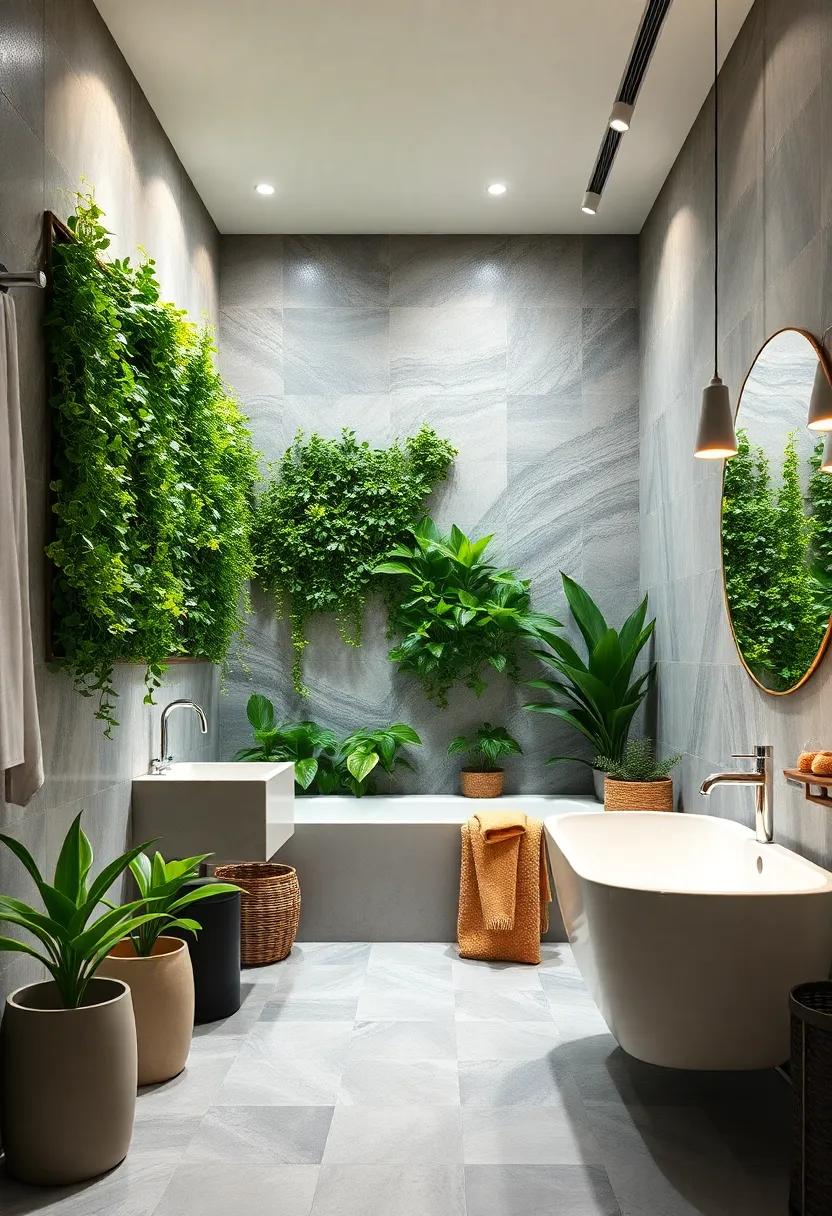 Incorporate a Vertical Garden: Utilize wall space for a stunning vertical garden filled with trailing plants that bring a lush, green feel to your bathroom