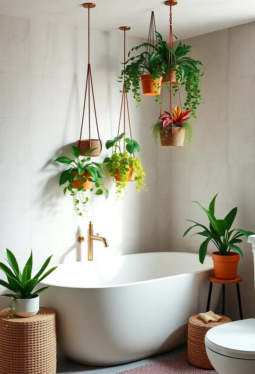 Use Hanging Planters: suspend hanging planters from the ceiling or wall hooks to create a whimsical atmosphere and add dimension to your bathroom space