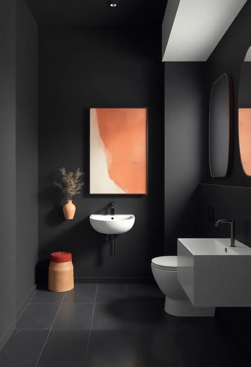 Timeless Classic Black Walls Featuring Contemporary Terracotta ⁤Art