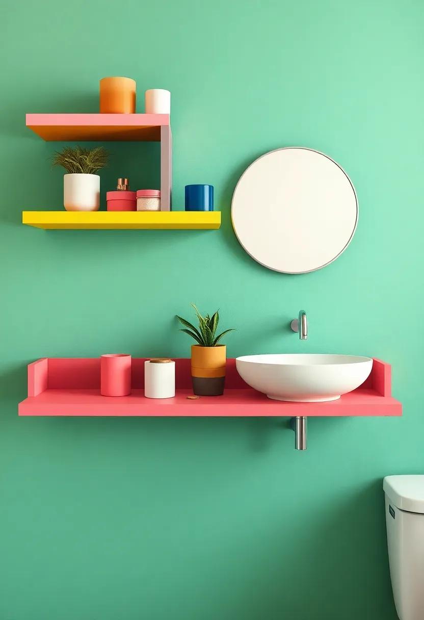 Colorful Painted Shelves: Add pops of color to your bathroom with quirky painted shelves that allow for personal expression