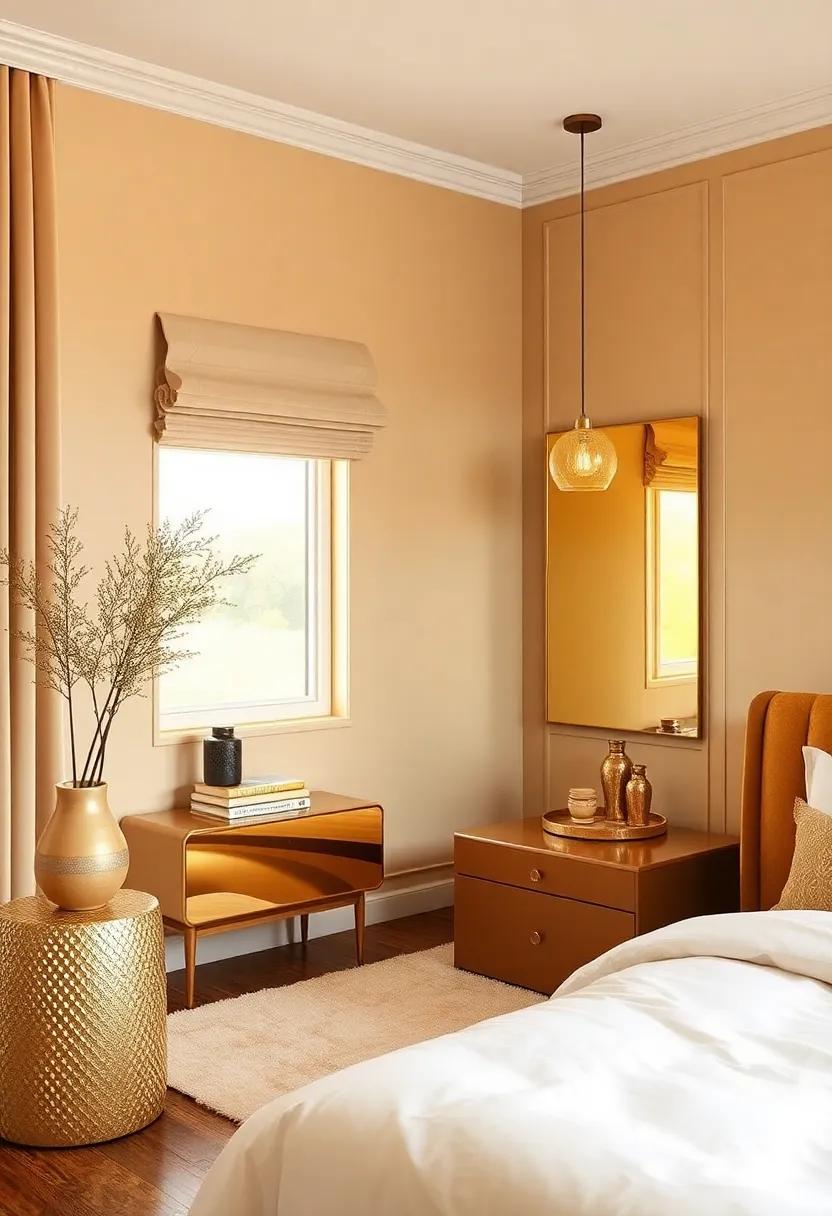Bright Gold: Accentuate your bedroom with bright gold accents, creating luxury through gilded decor without overwhelming other color elements