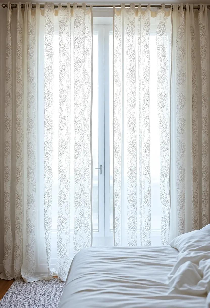 Embrace Elegance: Floor-to-ceiling sheer lace curtains create an ethereal look, giving your bedroom a sense of grandeur
