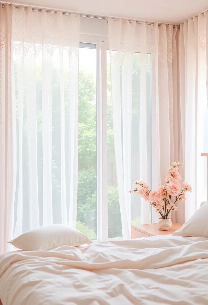 Soft Pastels: Lightly tinted lace curtains in pastel hues can add a touch of softness and whimsy to your space while allowing gentle light to filter through