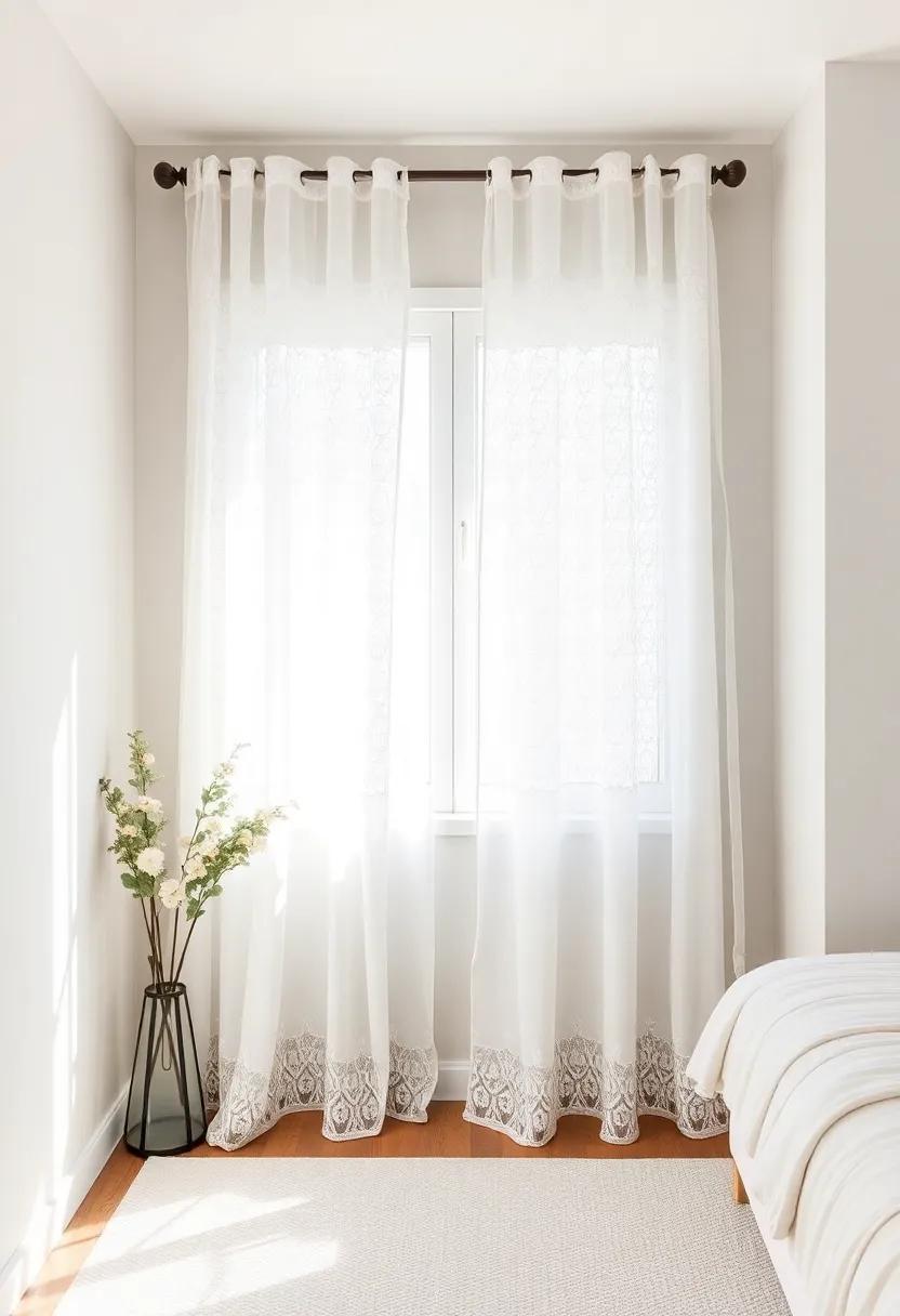 Neutral Nook: Keep it simple with classic white lace curtains that provide a timeless, airy feel while seamlessly blending with any color scheme