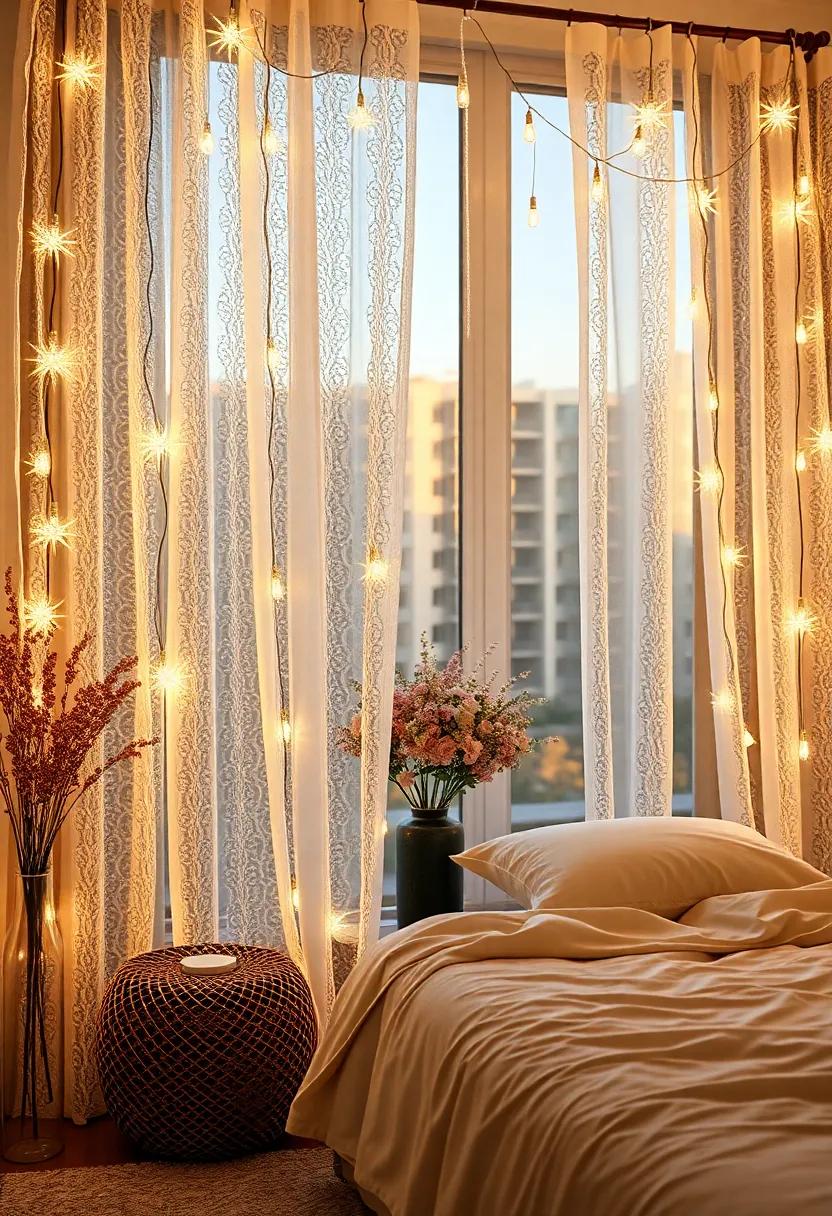 Twinkling Lights: Incorporate string lights along with lace curtains for a magical evening glow, setting the tone for romance and relaxation