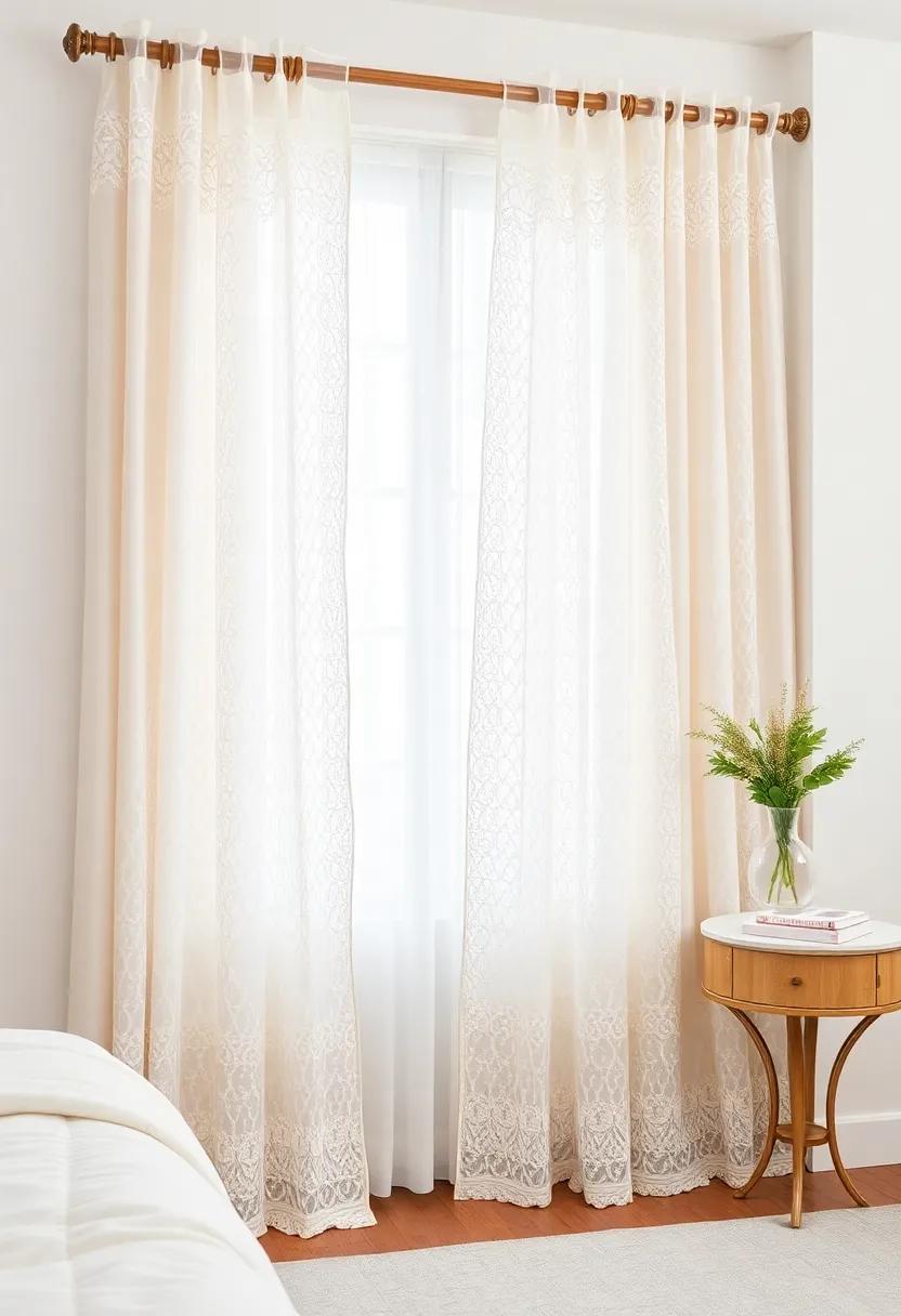 Statement Hardware: Utilize ornate curtain rods or rings that complement lace curtains, making both the hardware and fabric standout features of your decor