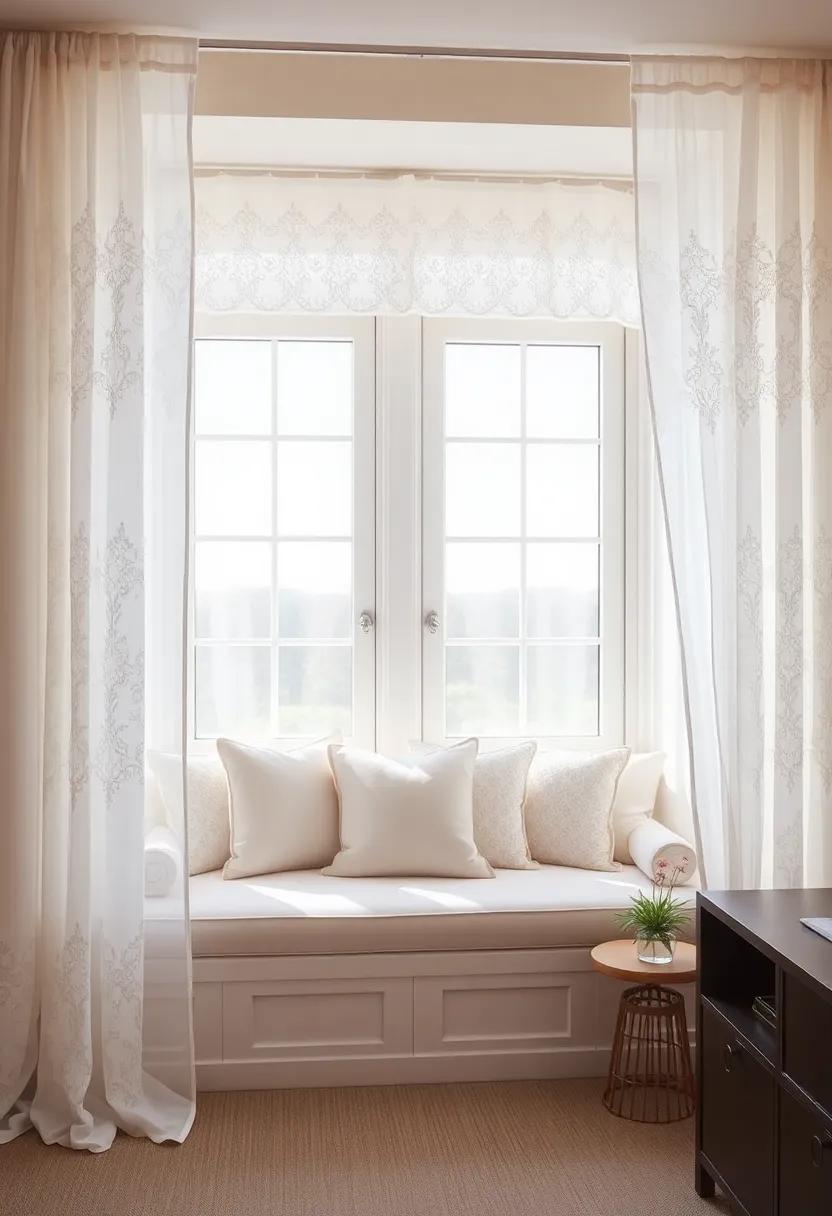 Window Seat Wonder: Enhance a cozy reading corner by pairing sheer lace curtains with a cushion-filled window seat for the perfect spot to unwind