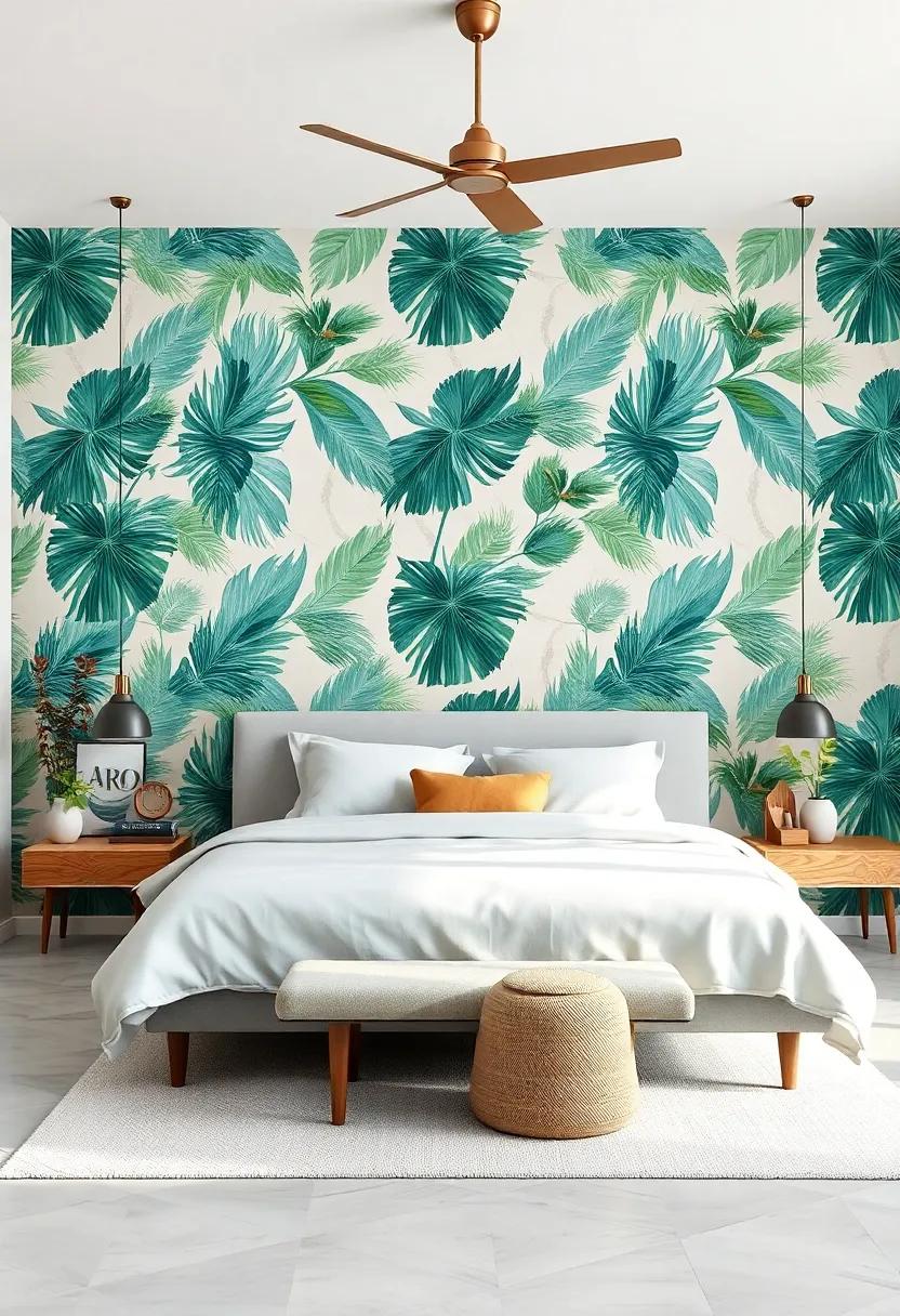 Discover a serene palm leaf pattern that combines shades of cool green and soft ‌blue, perfect for creating a tranquil atmosphere⁢ in your bedroom