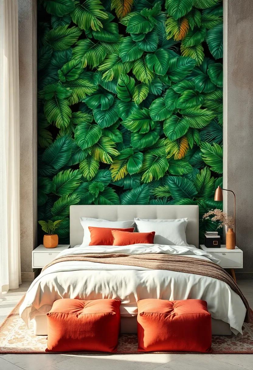 Explore a tropical foliage mural that envelops the space, making you feel⁤ embraced by nature every time you enter the room