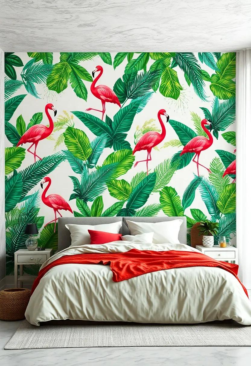 Turn your bedroom into a tropical oasis with a vivid flamingo and ⁢palm tree wallpaper that creates a ‌cheerful and relaxed vibe
