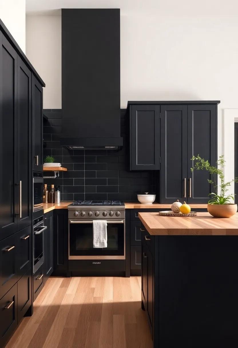 Stylish Contrast: The Allure of Black Kitchen Cabinets and Rich Butcher Block