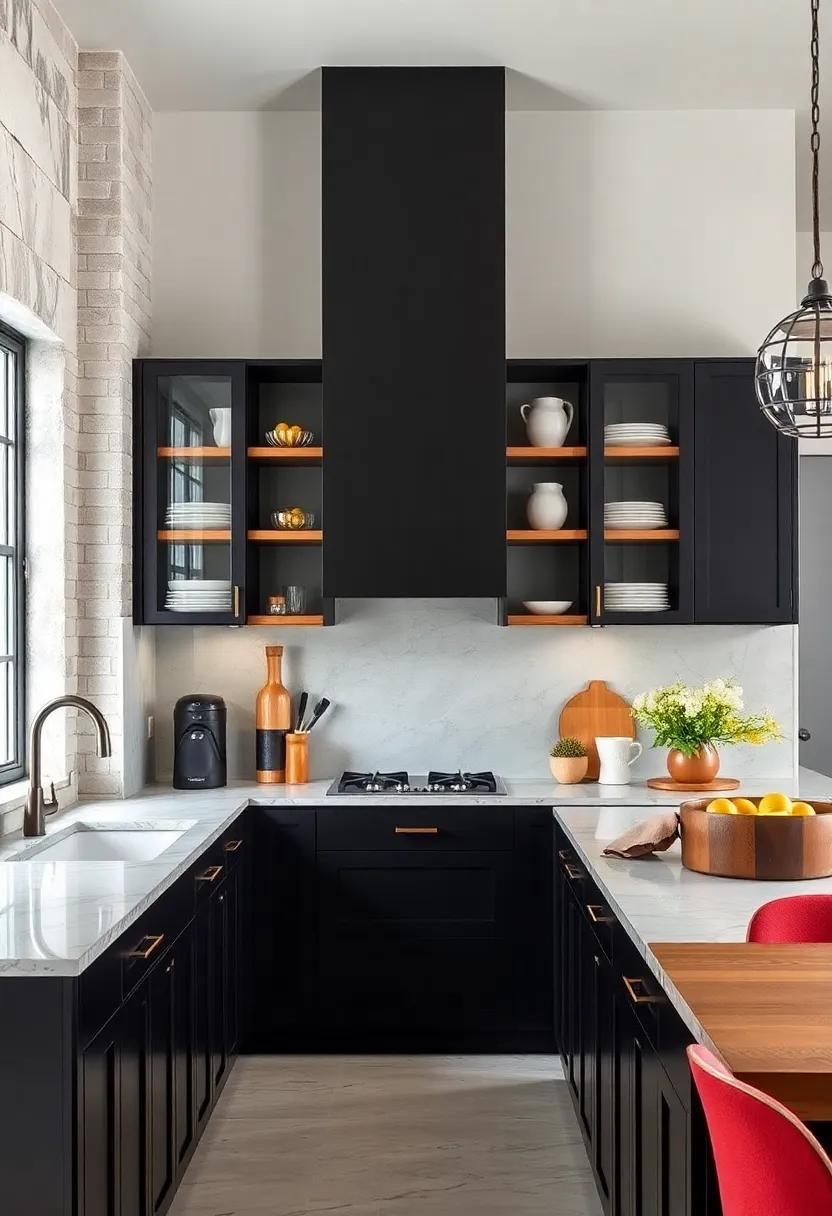 Open Shelving Accent: pair black cabinets with open shelving to showcase dishware and add depth to your kitchen