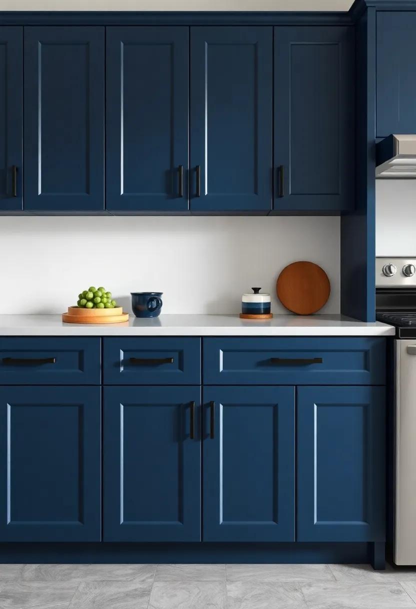 Discover the​ calming allure of navy ‌blue cabinets paired with matte black handles, creating a ‌striking yet tranquil focal‍ point in your kitchen
