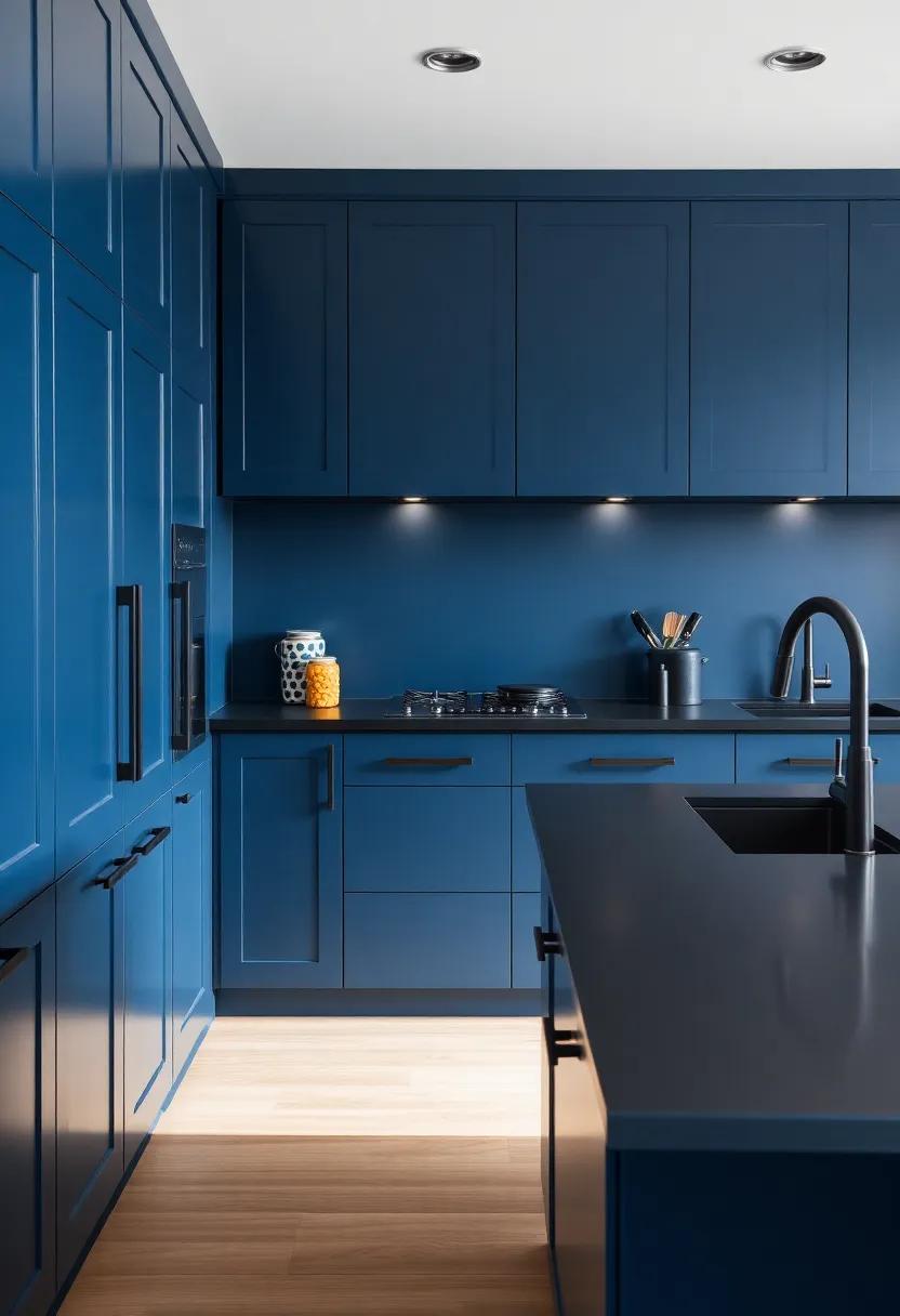 A dramatic dark blue kitchen featuring industrial⁢ black cabinet ‌hardware ⁣captures the essence of modern⁢ urban design, ​merging style ⁤with function
