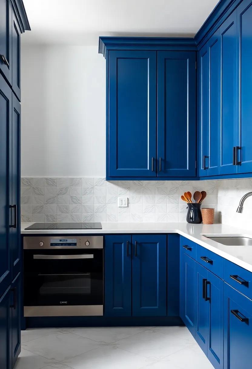 Inject personality into your kitchen with eclectic‌ blue cabinets featuring intricate black​ handles that tell‌ your unique design story