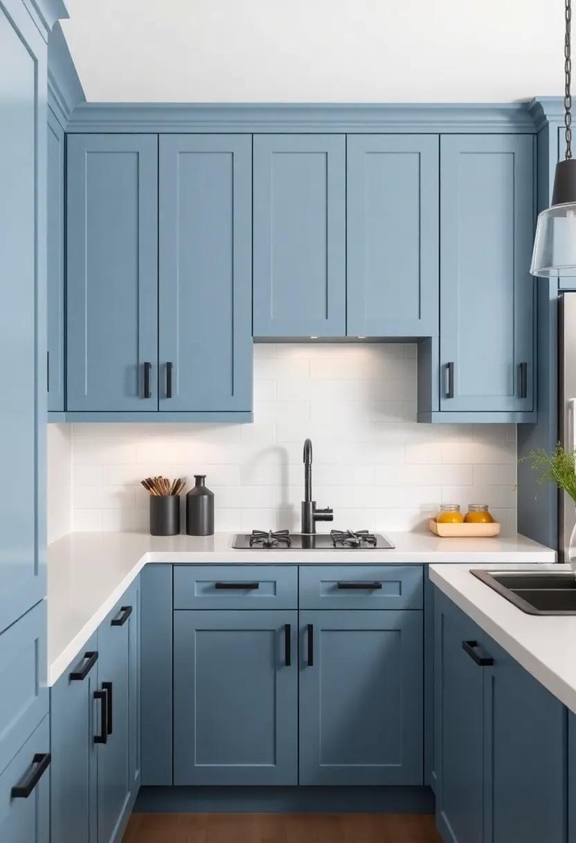 Discover how muted powder blue cabinets ‍with‌ matte black handles can evoke a sense ⁣of sophistication and serenity ⁤in minimalist kitchen designs