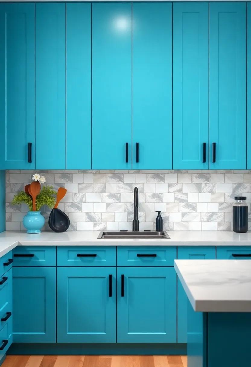 An eccentric pop of turquoise cabinetry⁢ accented by ​glossy black ⁢handles creates a playful and ‌welcoming atmosphere, perfect for⁢ entertaining