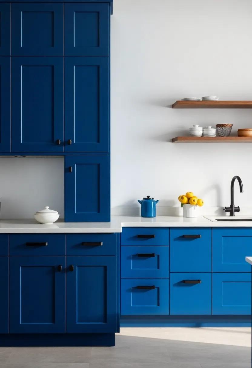 A two-tone approach featuring deep blue cabinets combined with lighter shades and black handles offers depth and visual interest to any ⁤kitchen