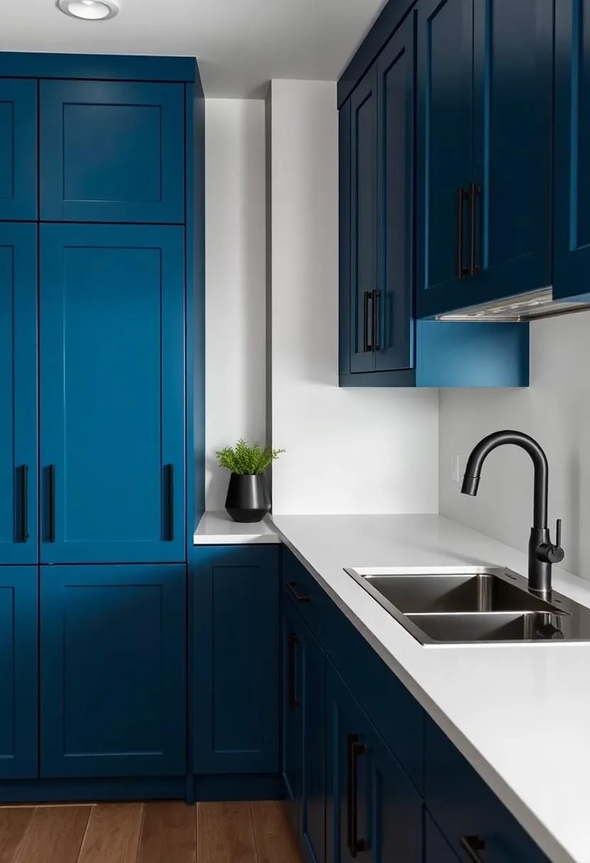 Complement your white ​countertops with moody stormy blue cabinets and matte black handles​ for an unexpected yet​ clean contrast