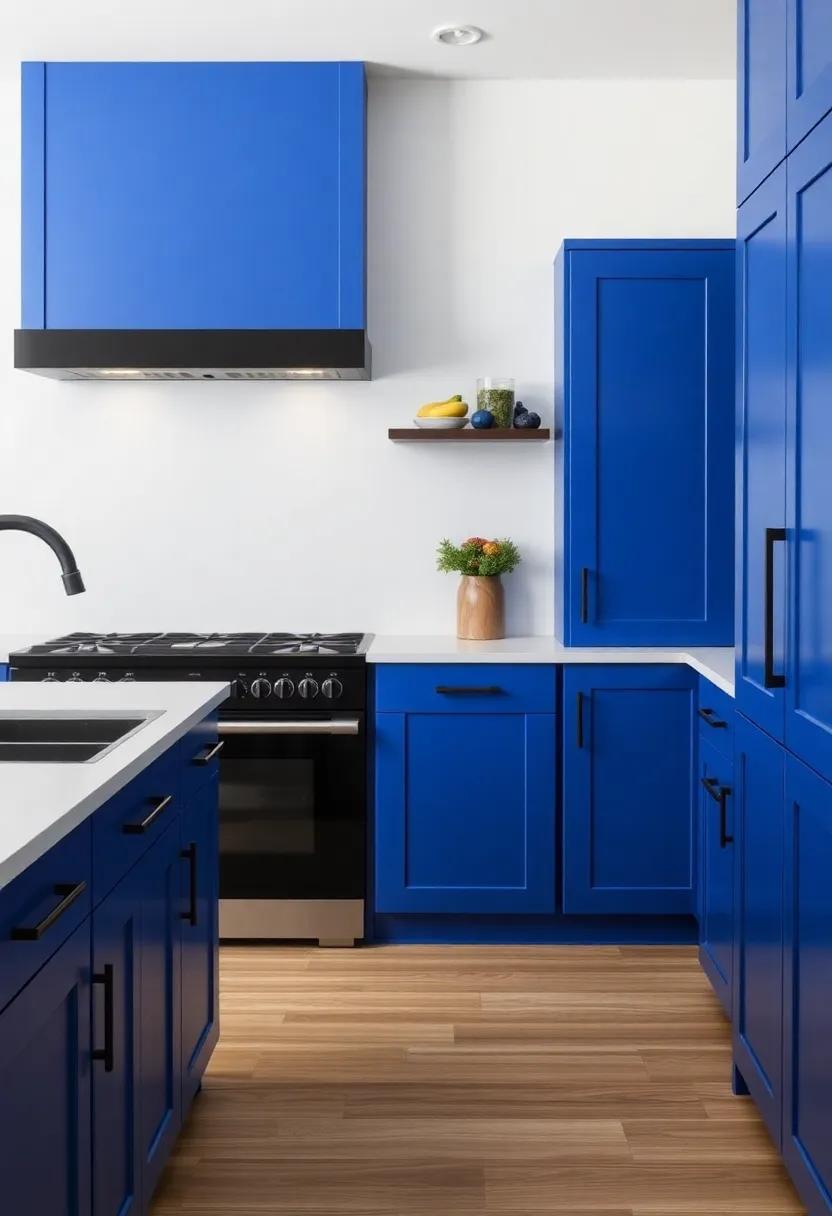 Brighten up your cooking area‌ with vibrant cobalt⁢ blue cabinets and polished black handles ‍for a bold statement that’s impossible to ignore