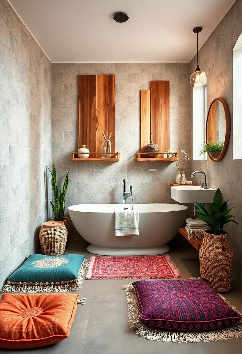 Reclaimed Wood Accents: Incorporate reclaimed wood for shelves, cabinets, or wall decor, adding a rustic and sustainable aspect to your boho bathroom