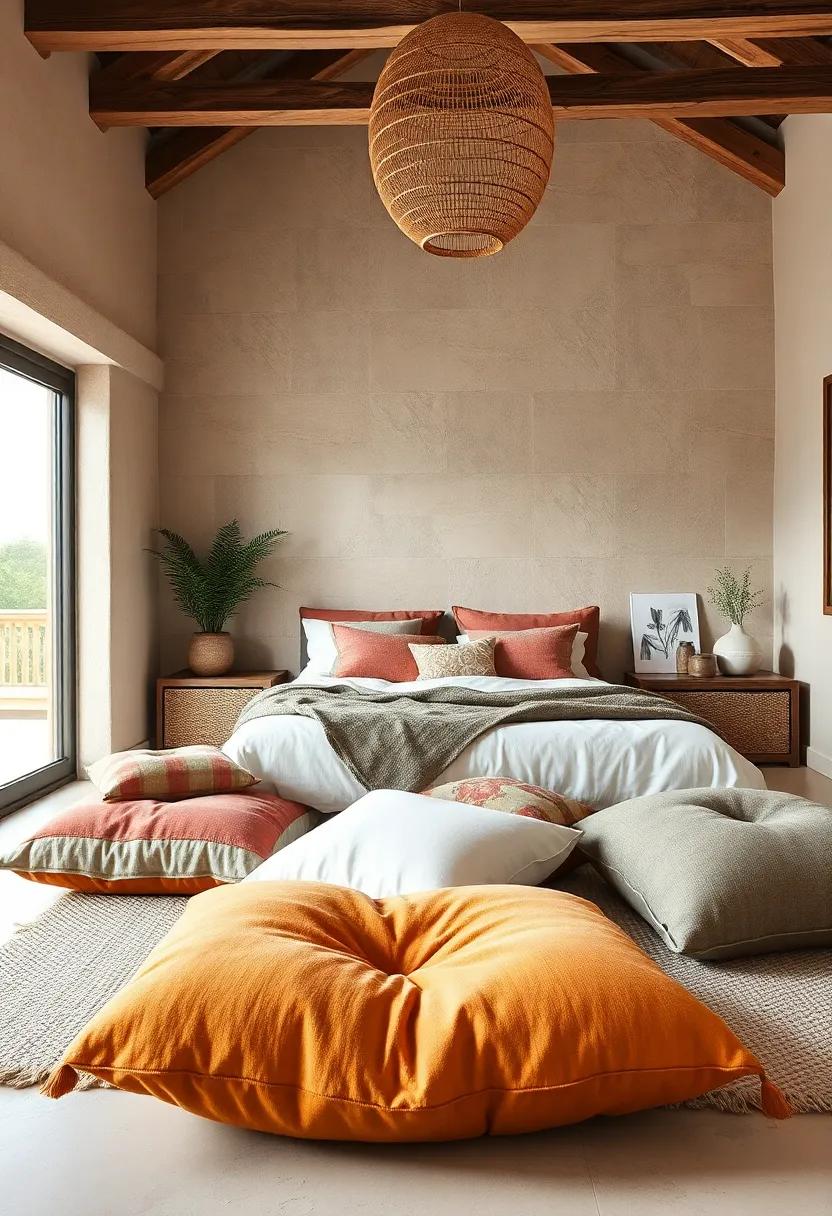 Cozy Floor Pillows: Include oversized floor cushions in soft textures and earthy colors for casual‍ seating that⁣ invites relaxation and ⁤conversation