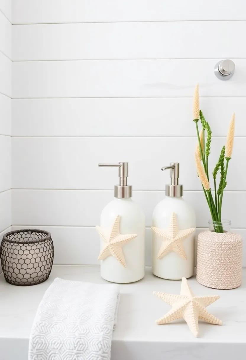 Shell-Inspired Soap Dispensers: Opt for soap and lotion dispensers shaped like seashells or starfish for an effortless integration of ocean life into your decor