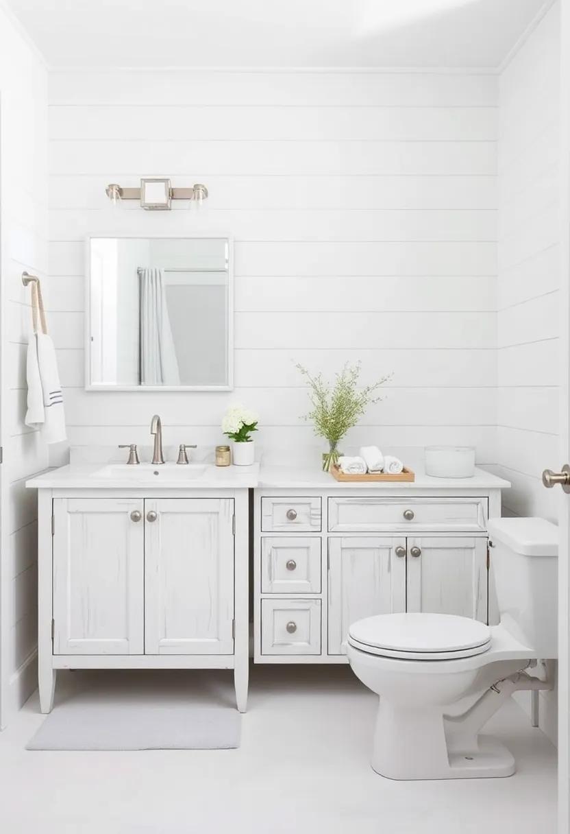 Whitewashed Furniture: Opt for whitewashed cabinets or vanities that enhance the overall brightness of the room while maintaining a laid-back coastal vibe
