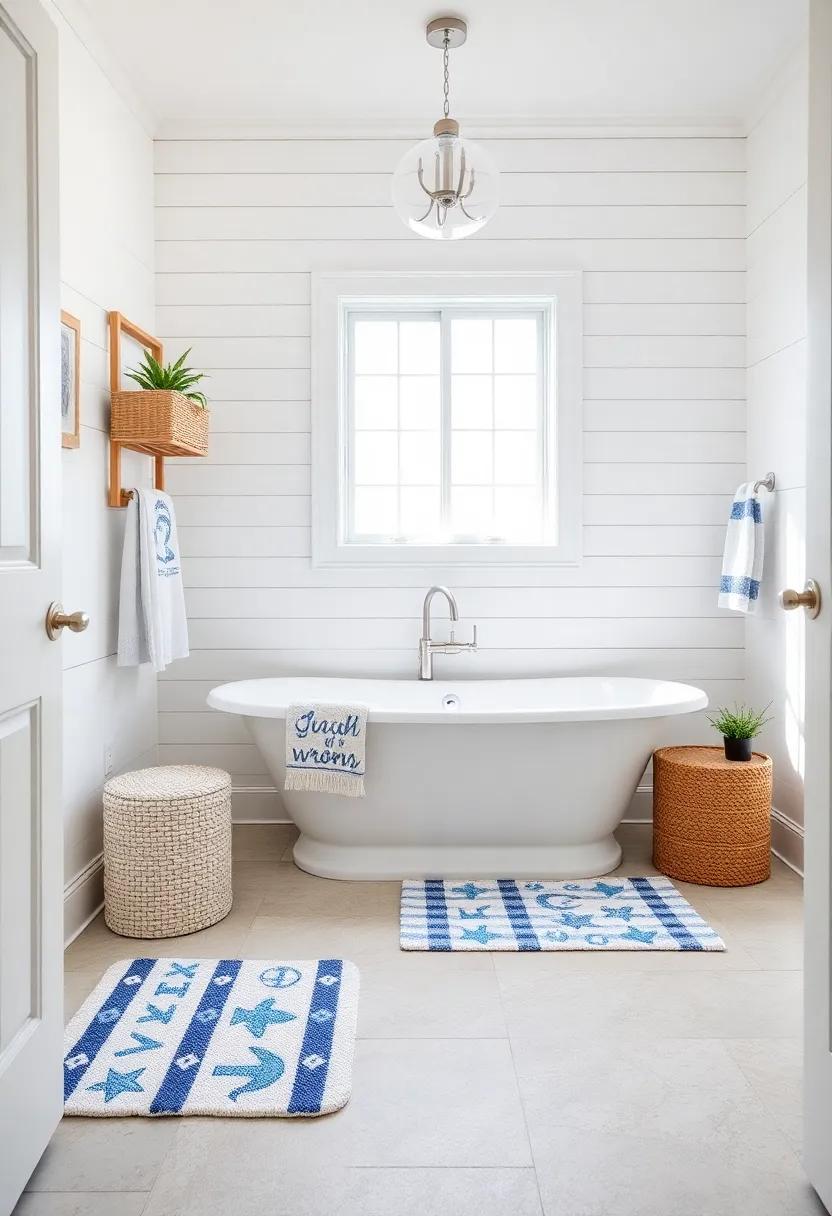 Coastal Themed Bath Mats: Choose bath mats that feature ocean prints or nautical stripes, adding comfort and a splash of interest to the space