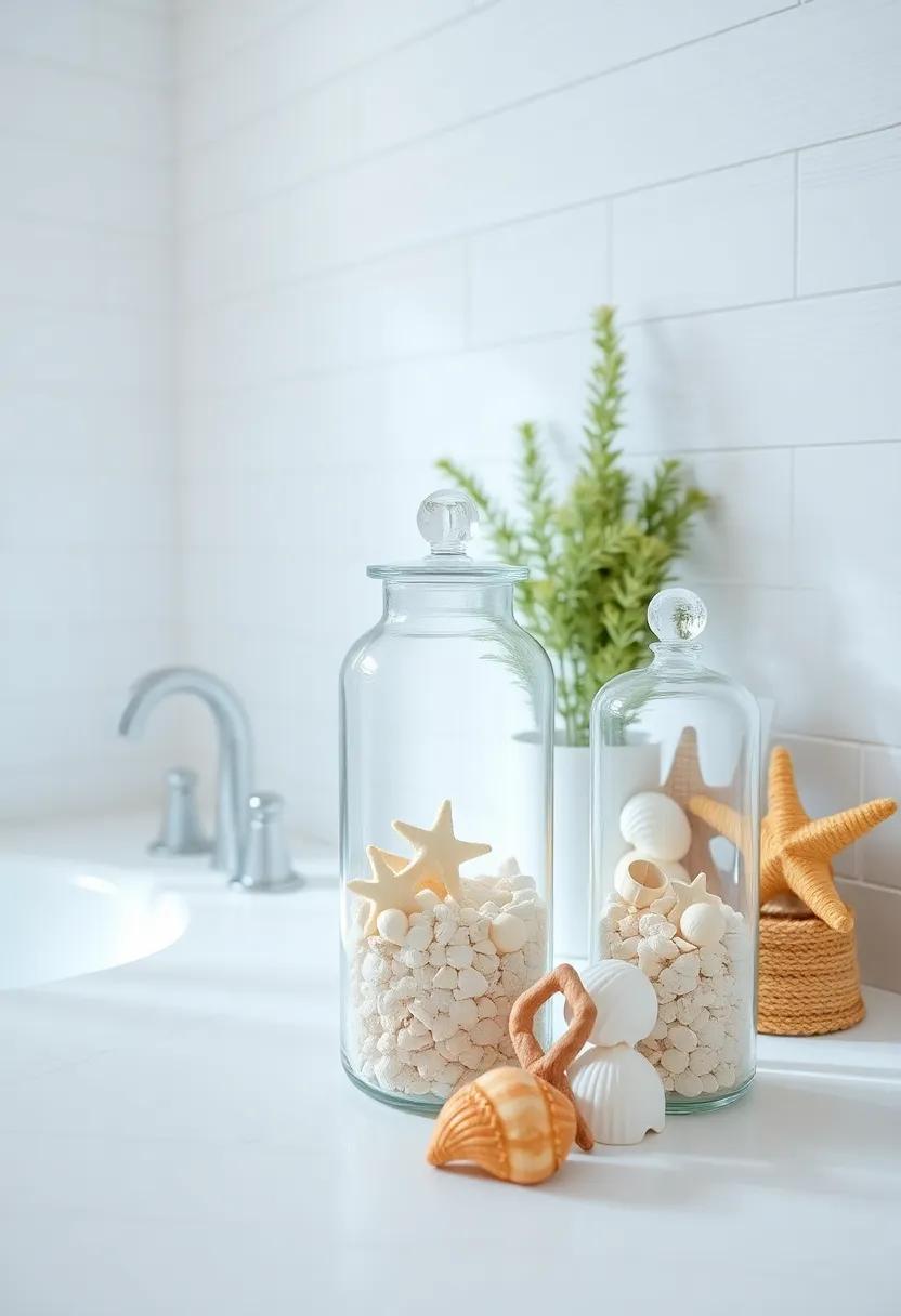 Seashell Display Jars: Fill glass jars with an assortment of seashells and sand to create beautiful centerpieces or countertop displays in your bathroom