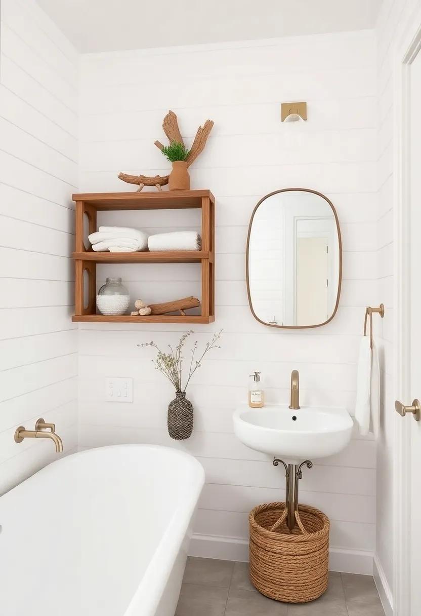 Driftwood Accents: Incorporate driftwood shelving or mirrors for a rustic touch that perfectly complements the fresh feel of shiplap walls