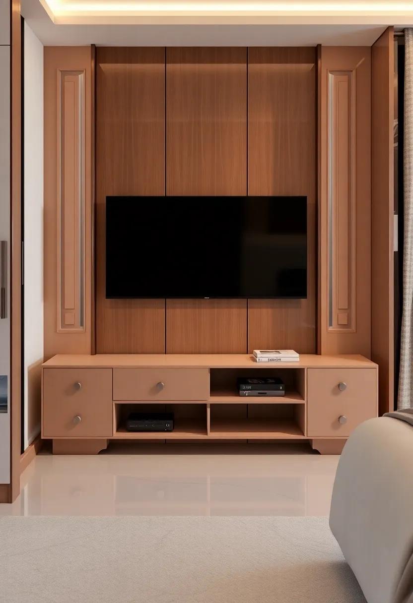 Art Deco Inspired Design: Bring a touch of glamour with an Art Deco-inspired TV unit,showcasing bold lines and luxurious finishes that enhance your bedroom’s elegance