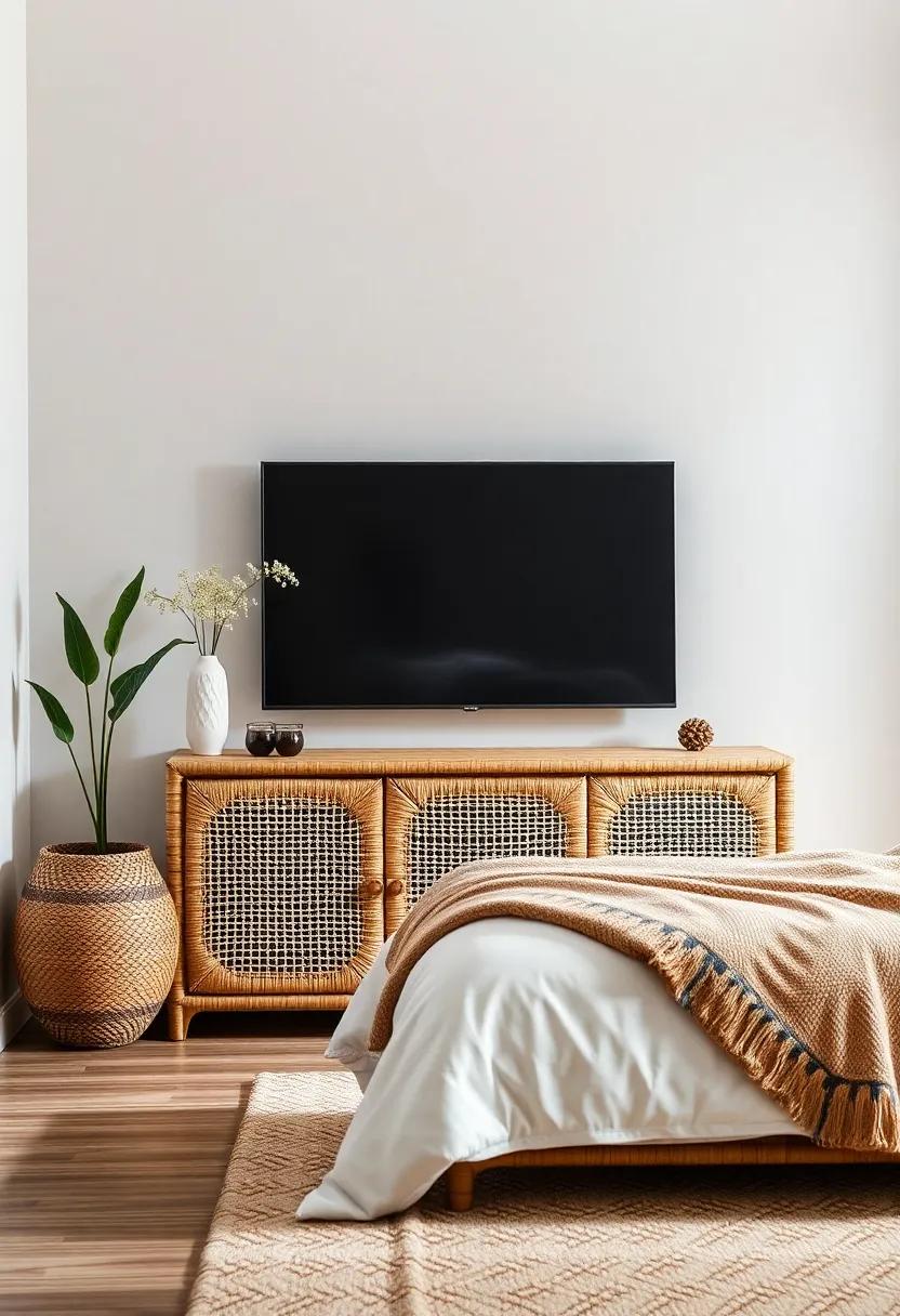 Boho Chic Rattan Unit: Embrace the bohemian vibe with a rattan TV unit, offering a natural texture that adds warmth and character to your compact space