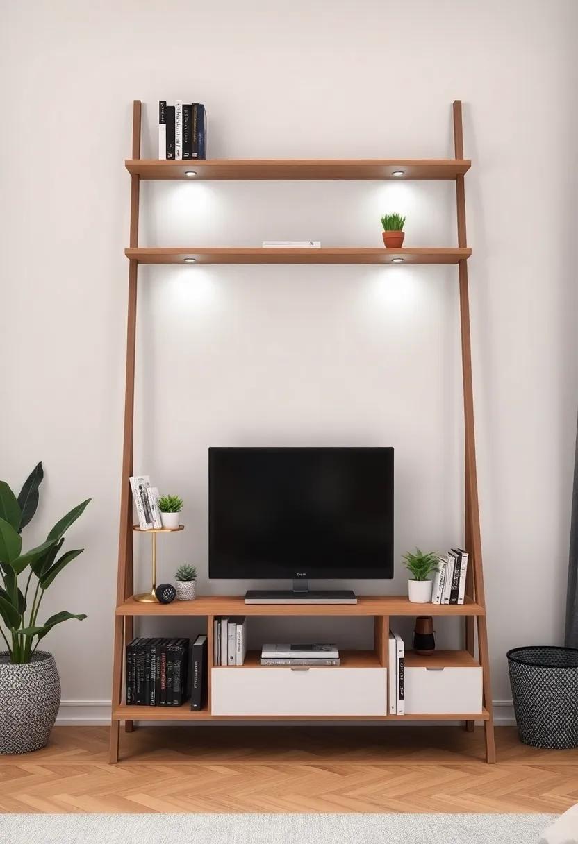 Chic Ladder Shelf Stand: Utilize vertical space with a ladder-style TV unit that incorporates shelves for books and plants, adding both functionality and style to your small bedroom
