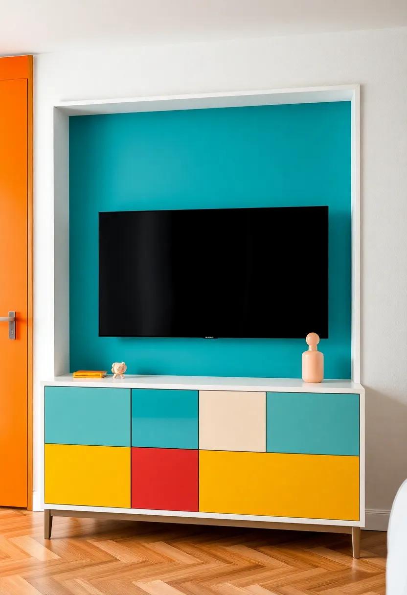 Color-Blocked Unit: Make a statement with a color-blocked TV unit that mixes various colors and textures, adding depth and personality to your bedroom decor