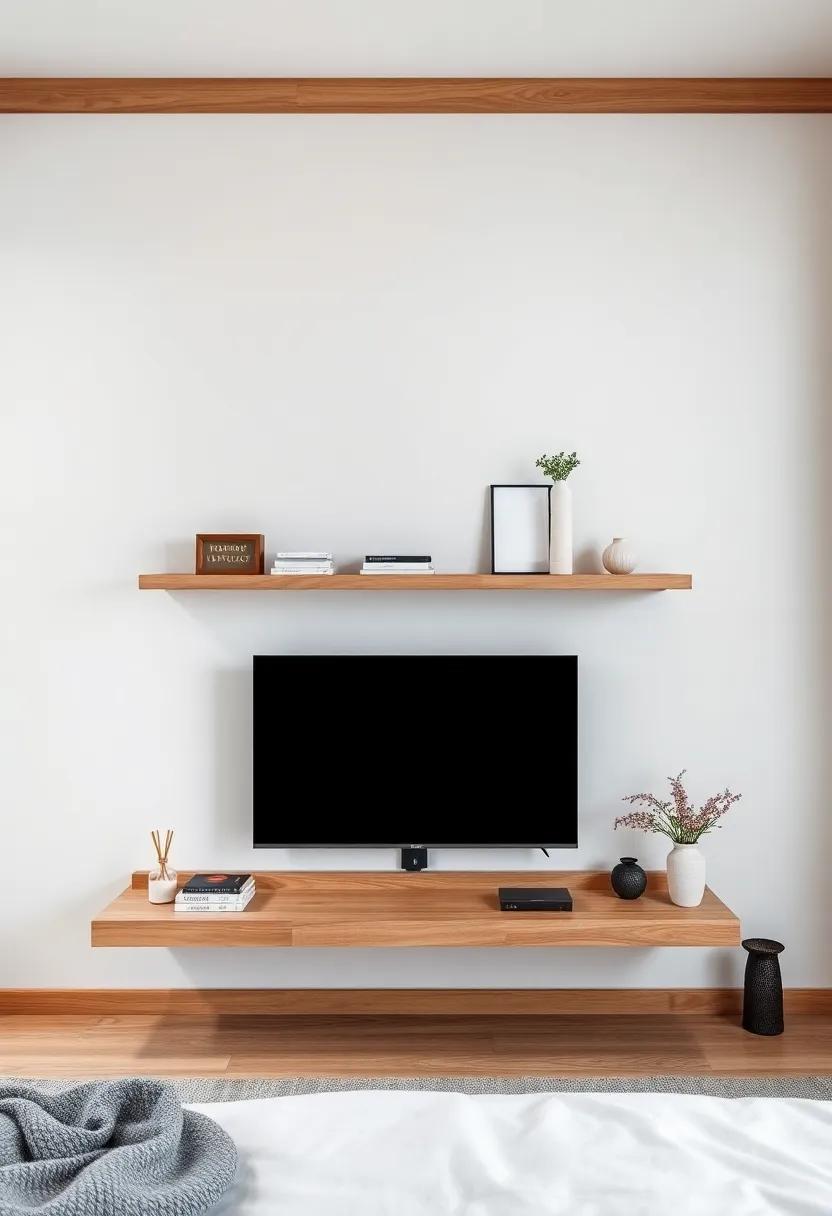 Floating Shelf Setup: Free up floor space with a stylish floating shelf unit that holds your TV and showcases decorative items, creating an airy feel in your compact bedroom
