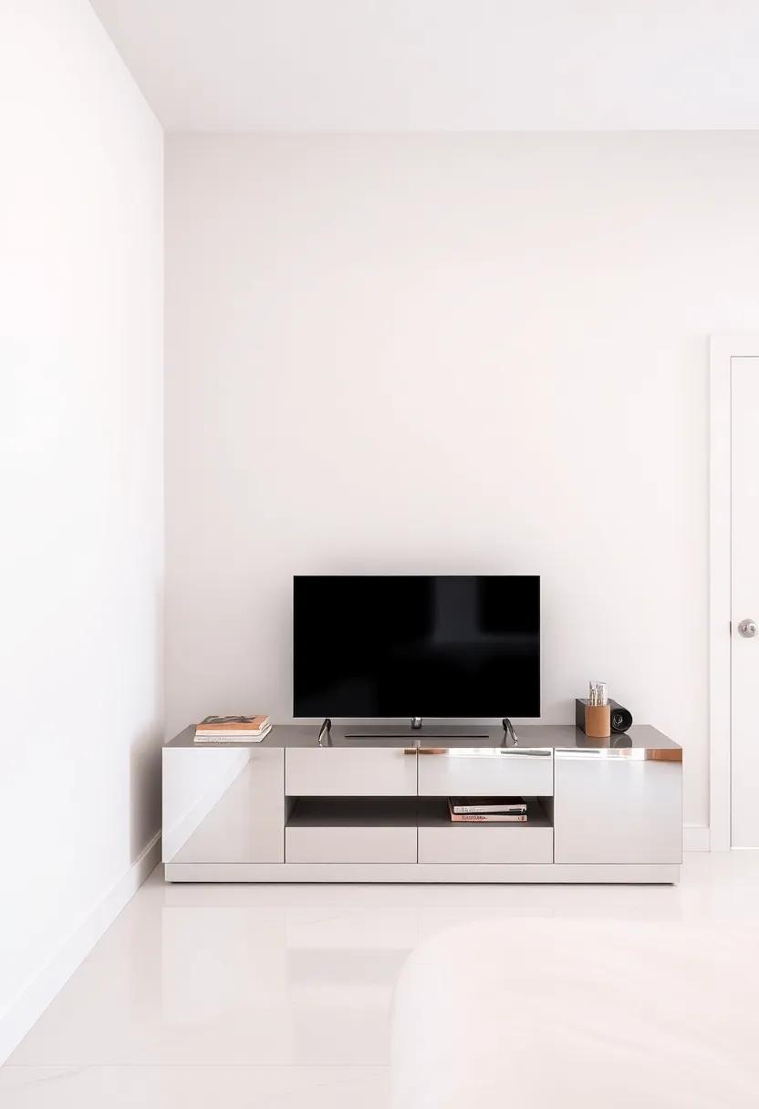 Glamorous mirrored Unit: Create an illusion of space with a mirrored TV unit that not only reflects light but also stands out as a stunning piece of decor in your bedroom