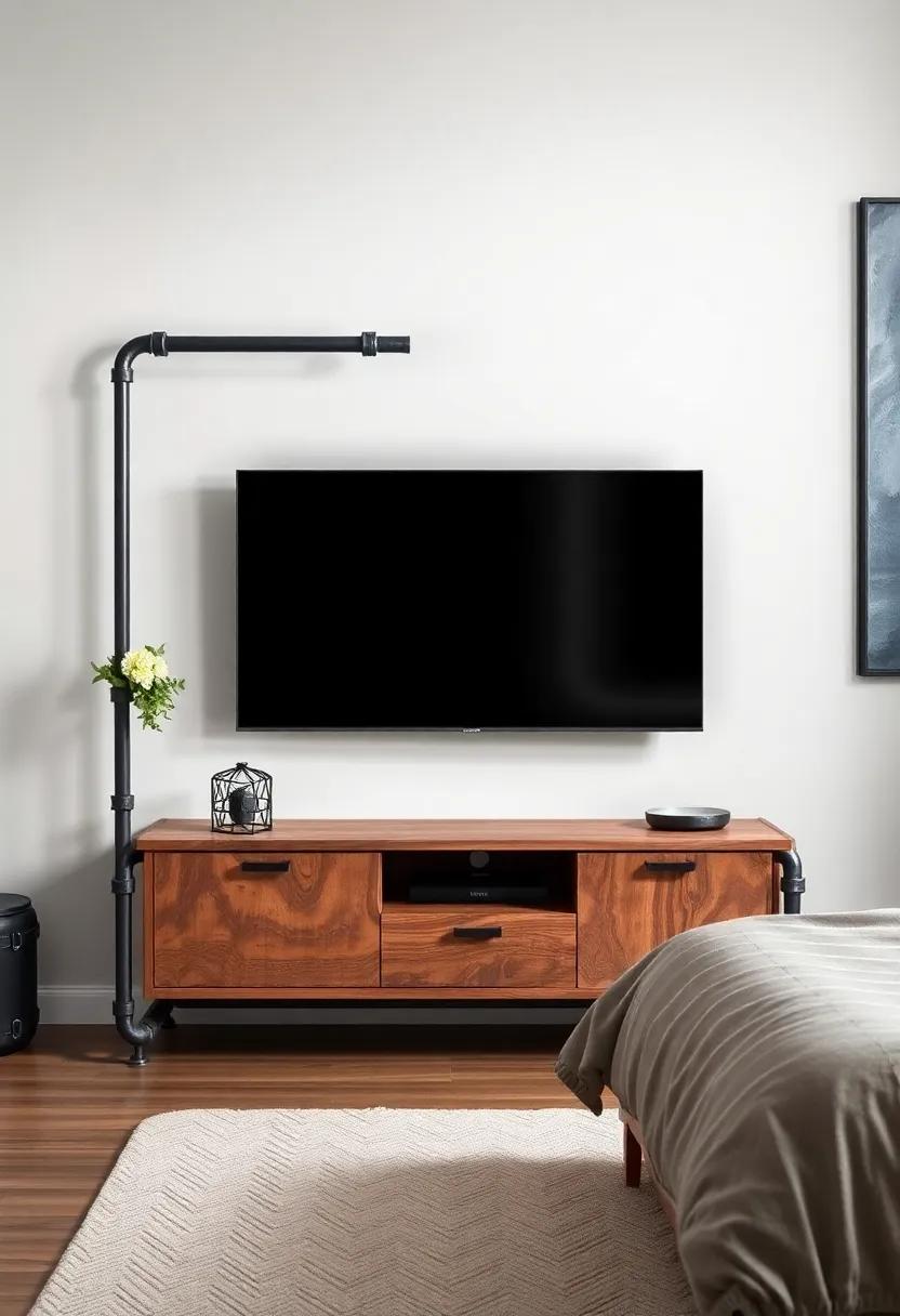 Industrial Pipe Frame Stand: Channel an urban vibe with an industrial pipe TV stand, combining metal and wood for a unique, sturdy piece that enhances your modern decor