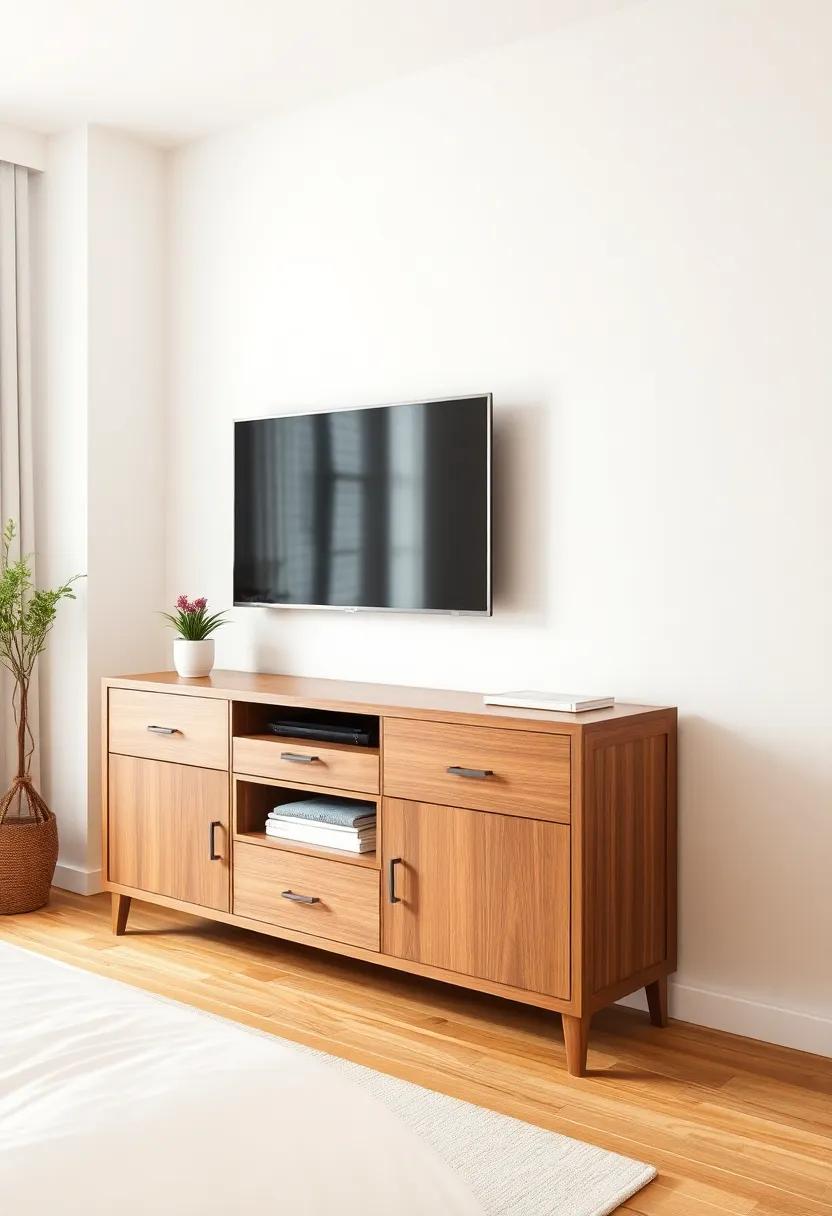 Multi-Functional Media Console: Opt for a chic media console that doubles as a dresser, offering both stylish storage for clothes and a perfect perch for your TV